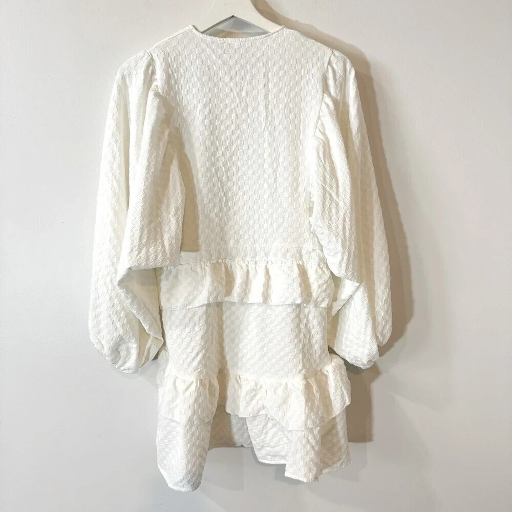 Ruffled White Mini Dress with Puffy Sleeves Size S - Summer Wedding Shower